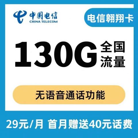电信翱翔卡29元包100G通用+30G定向+无语音功能【可选号、20年套餐】