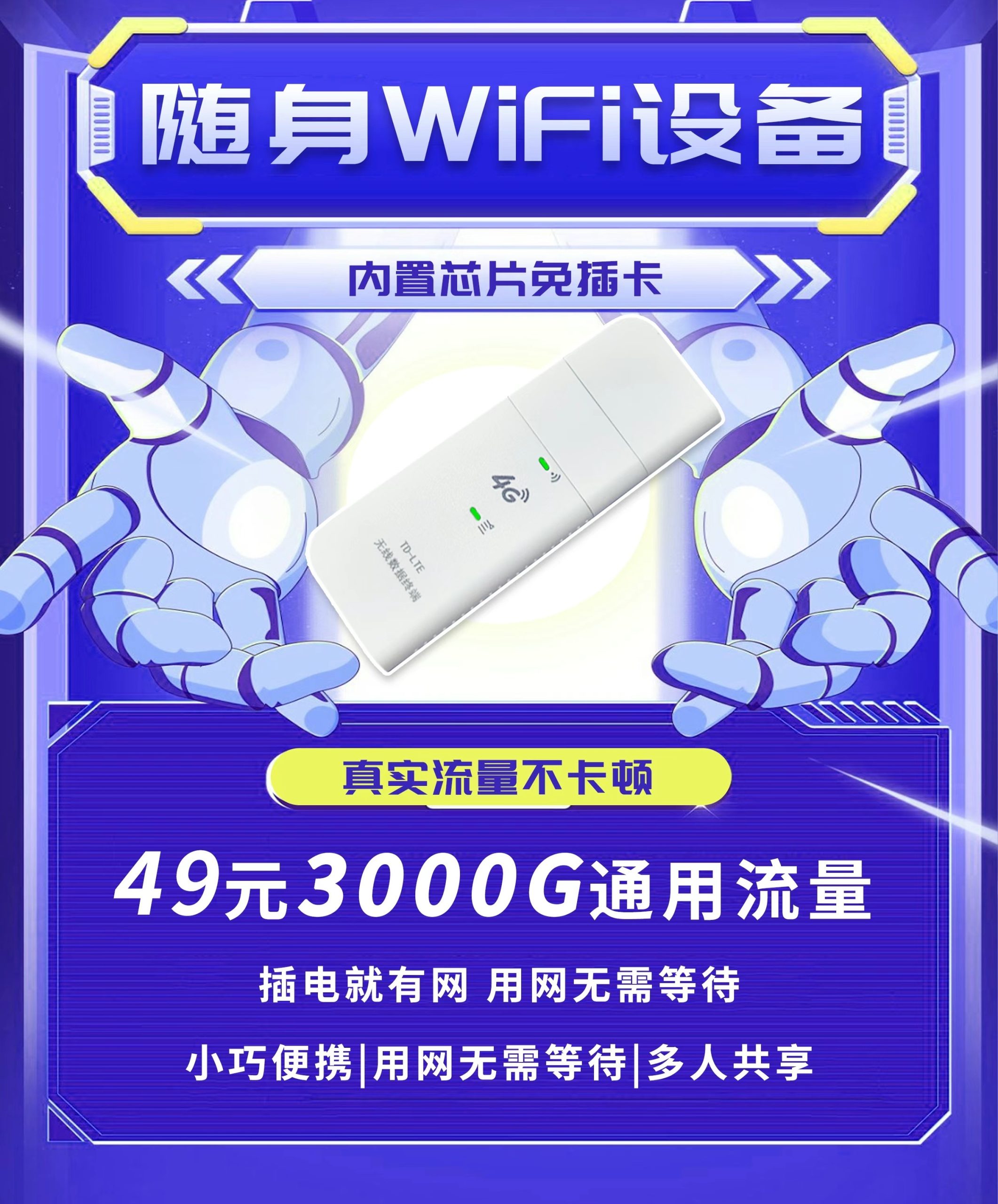 随身wiFi 、免拉线路由器设备，每月3000G流量