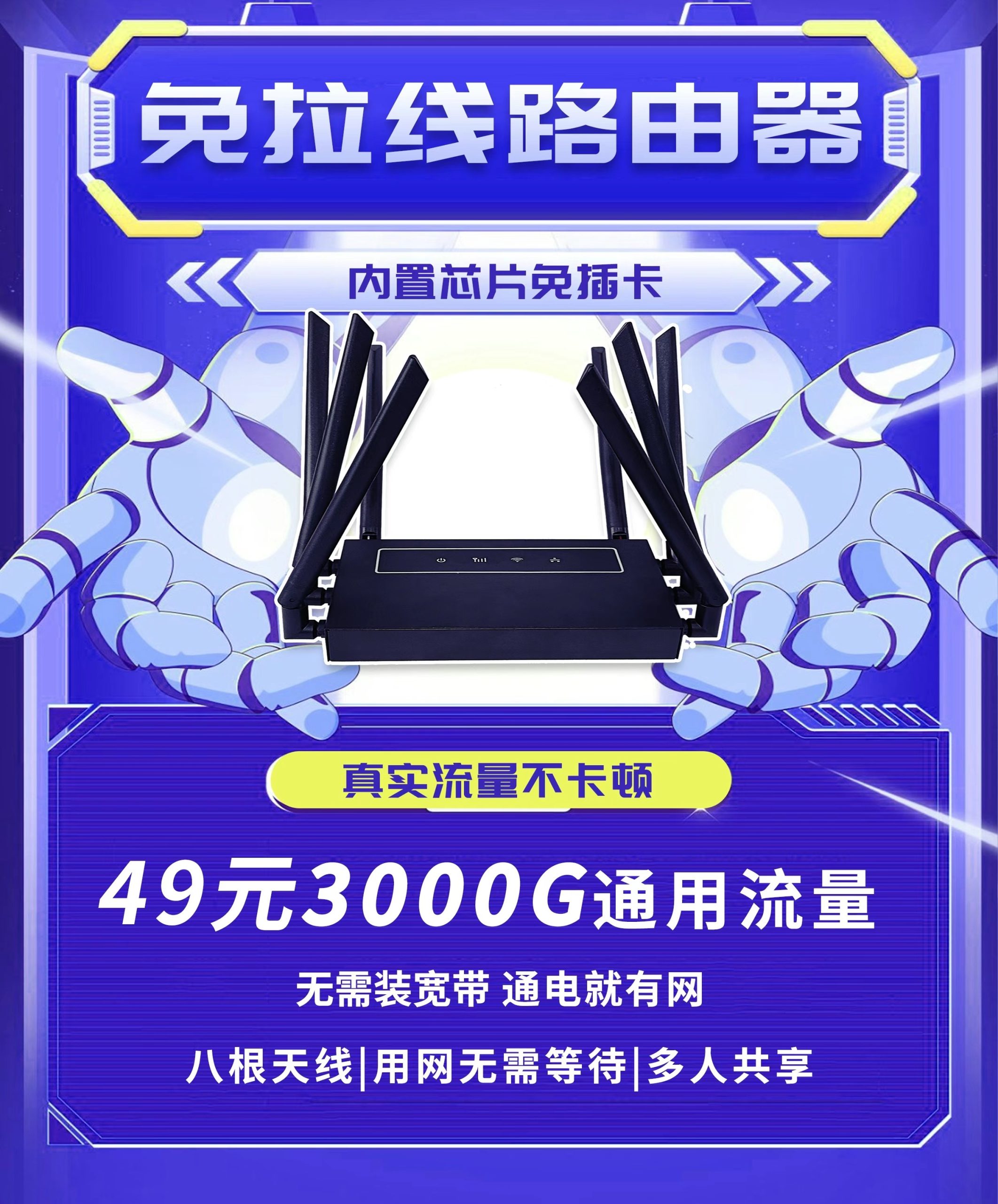 随身wiFi 、免拉线路由器设备，每月3000G流量